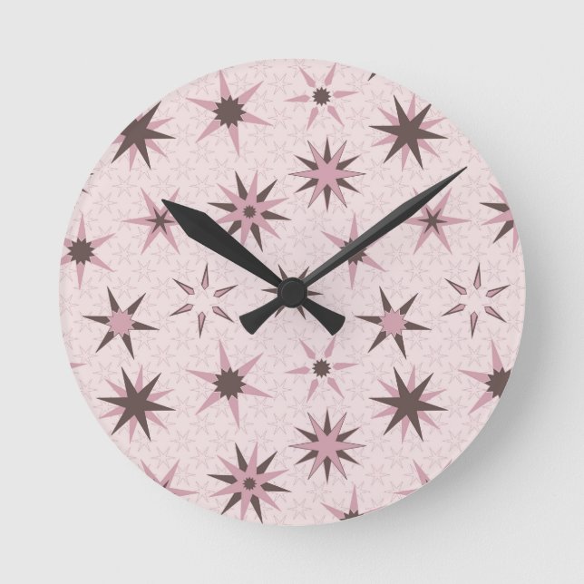 Pretty Pink Geo Stars - pattern.  Round Clock (Front)