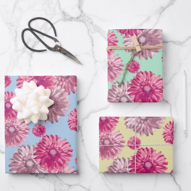 Pretty pink gerbera daisy flowers floral wrapping paper sheets (Front)