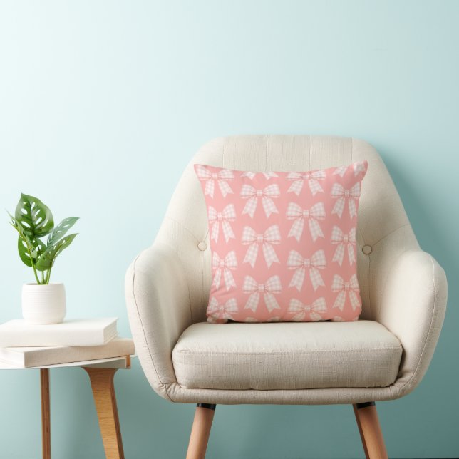 Pretty Pink Gingham Bow Pattern Throw Pillow (Chair)