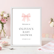 Pretty Pink Gingham Bow Welcome Baby Shower 