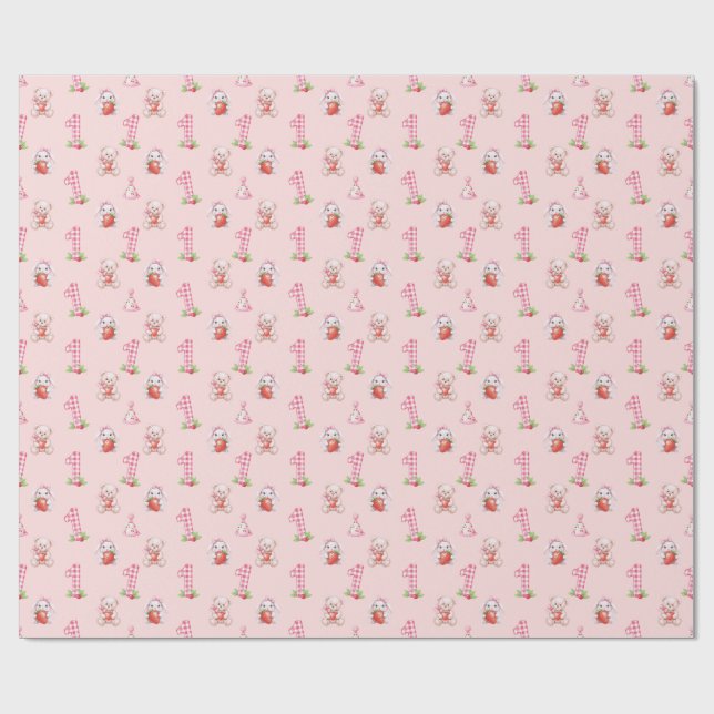 Pretty Pink Gingham, Bunnies and Bears! Wrapping Paper (Flat)