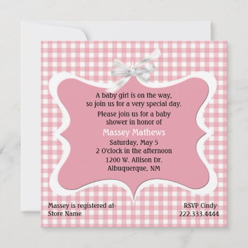 Pretty Pink Gingham Custom Baby Shower Invitation