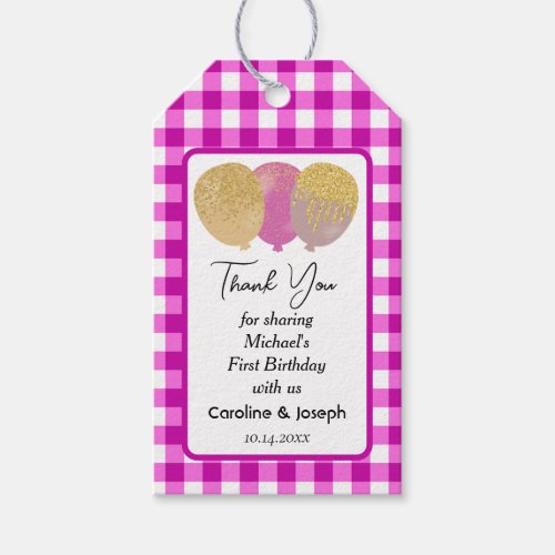 Pretty Pink Gingham Glitter Balloons Birthday Gift Tags