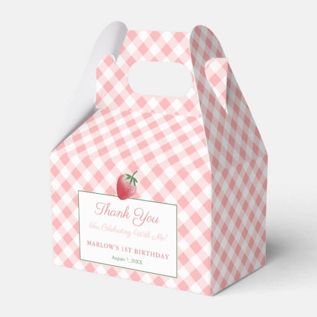 Pretty Pink Gingham Strawberry Picnic Birthday Favor Boxes (Front Side)