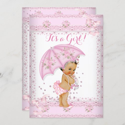 Pretty Pink Girl Baby Shower Floral Umbrella BR Invitation