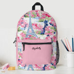 Pretty Pink Girls Eiffel Tower Floral Printed Backpack<br><div class="desc">A stylish and chic Paris France Eiffel Tower themed girl's school backpack. So fun for back to school.</div>