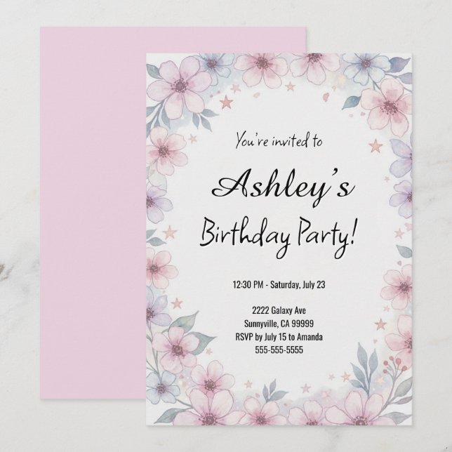 Pretty Pink Girl's Flower Birthday Party  Invitation (Front/Back)