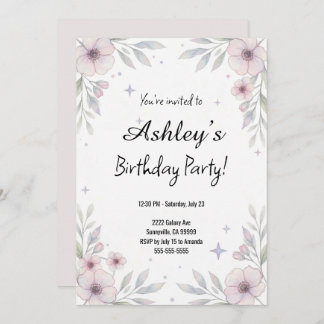 Pretty Pink Girl's Flower Birthday Party Invitation