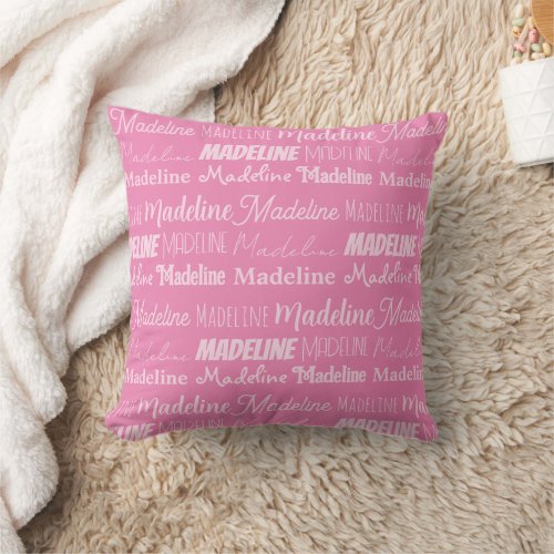 Pretty Pink Girls Name Font Collage Custom Teen Throw Pillow