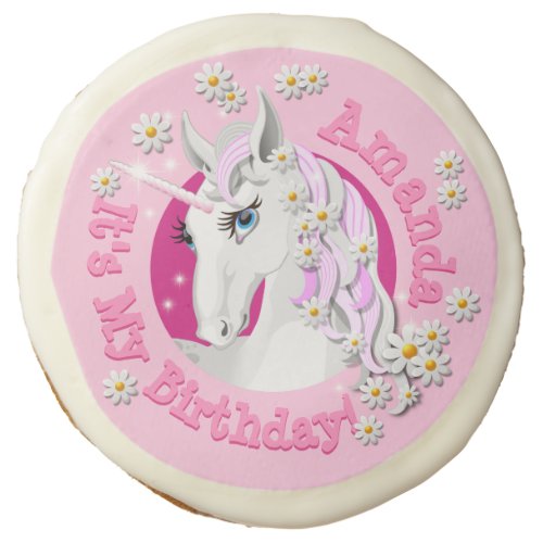 Pretty Pink Girls Personalised Unicorn Party Sugar Cookie