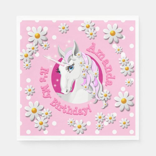 Pretty Pink Girls Personalized Cute Unicorn Party Napkins