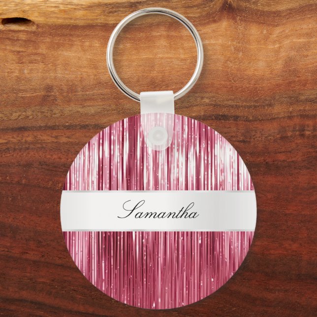 Pretty Pink Glam Tinsel Stripes Keychain (Front)