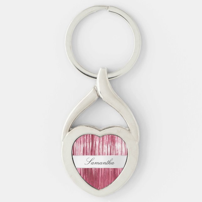 Pretty Pink Glam Tinsel Stripes Keychain (Front)