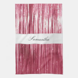 Pretty Pink Glam Tinsel Stripes Kitchen Towel