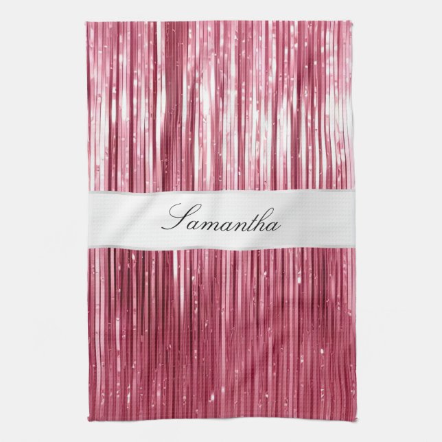 Pretty Pink Glam Tinsel Stripes Kitchen Towel (Vertical)