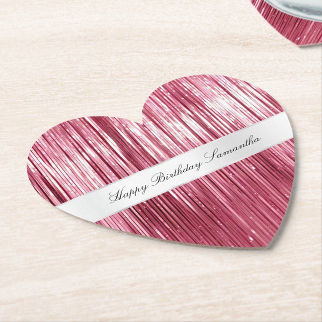 Pretty Pink Glam Tinsel Stripes Paper Coaster (Angled)