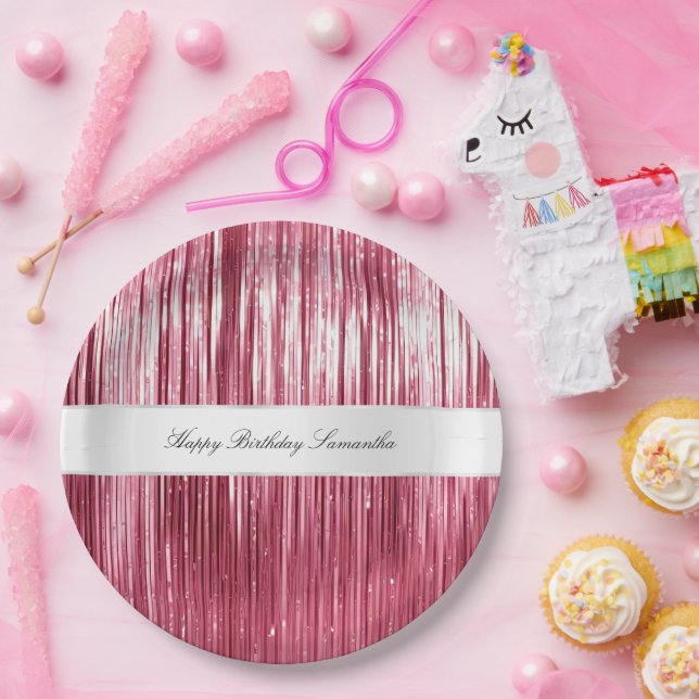 Pretty Pink Glam Tinsel Stripes Paper Plates (Party)