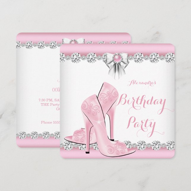 Pretty Pink Glamour High Heels Birthday Party 2 Invitation (Front/Back)
