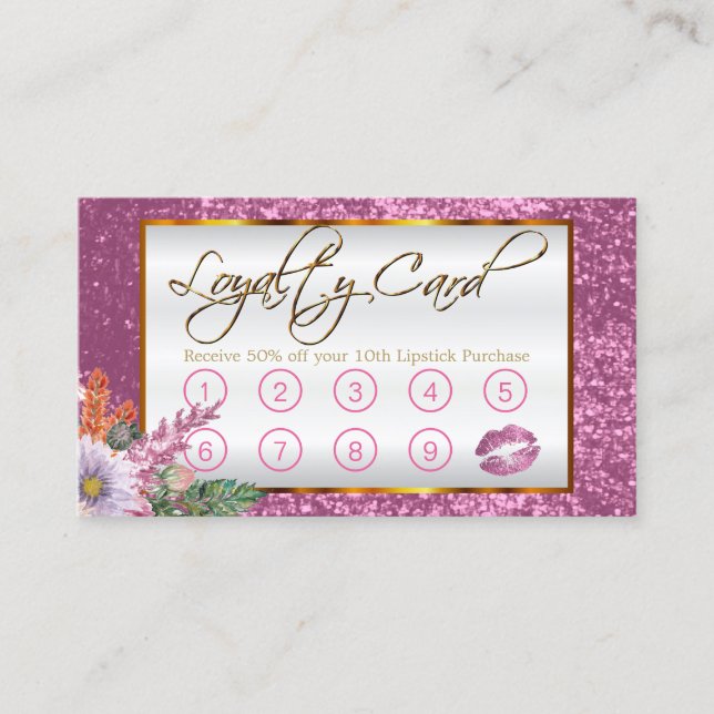 Pretty Pink Glitter and Floral Design Loyalty Card (Front)