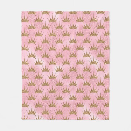 Pretty Pink Glitter and Gold Princess Crown Fleece Blanket