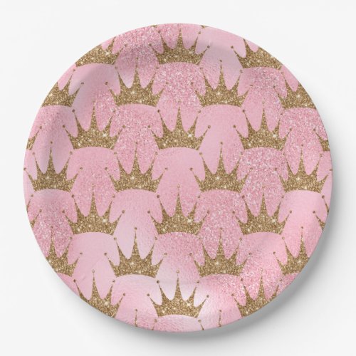 Pretty Pink Glitter and Gold Princess Crown Paper Plates