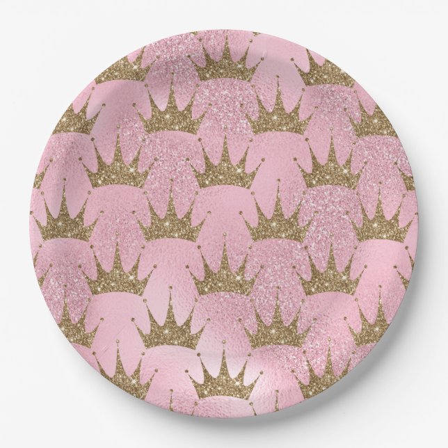 Pretty Pink Glitter and Gold Princess Crown Paper Plates (Front)