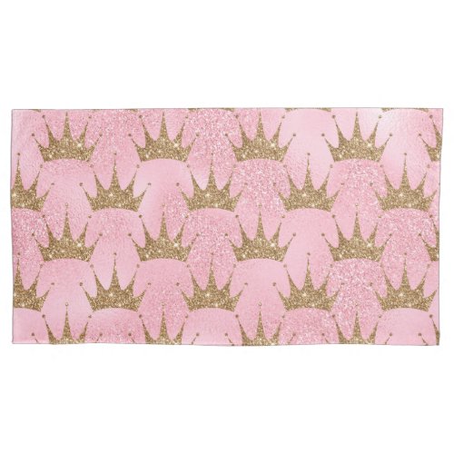 Pretty Pink Glitter and Gold Princess Crown Pillow Case