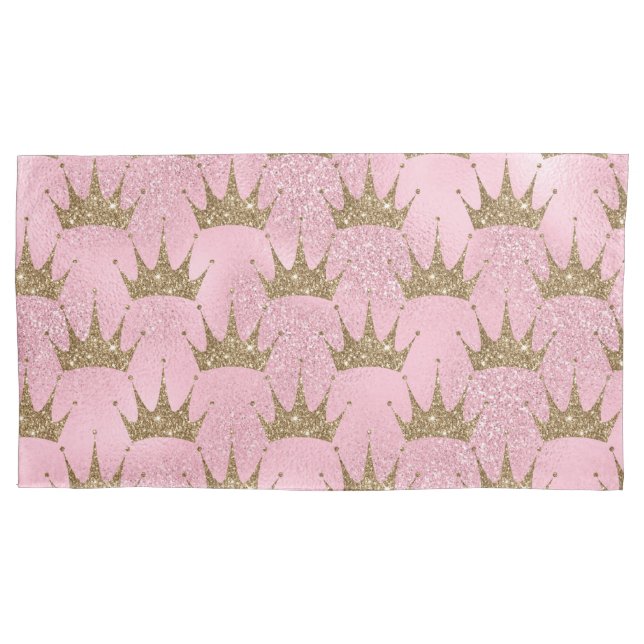 Pretty Pink Glitter and Gold Princess Crown Pillow Case (Front)
