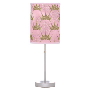 Pretty Pink Glitter and Gold Princess Crown Table Lamp