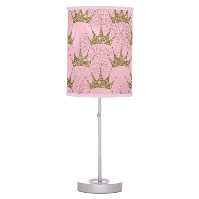 Pretty Pink Glitter and Gold Princess Crown Table Lamp (Front)