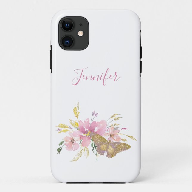 Pretty Pink Glitter Butterfly Floral Personalized  Case-Mate iPhone Case (Back)