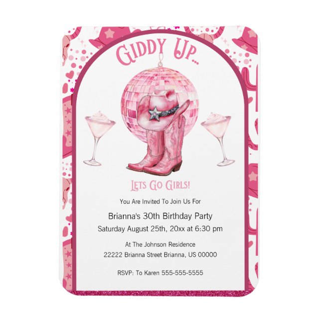 Pretty Pink & Glitter Cowgirl Birthday Invitation Magnet (Vertical)