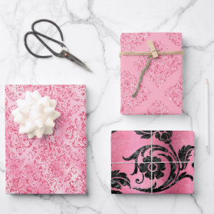 Pretty Pink Glitter Damask Glam Gift Wrapping Paper Sheets