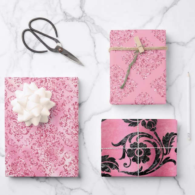 Pretty Pink Glitter Damask Glam Gift Wrapping Paper Sheets (Front)