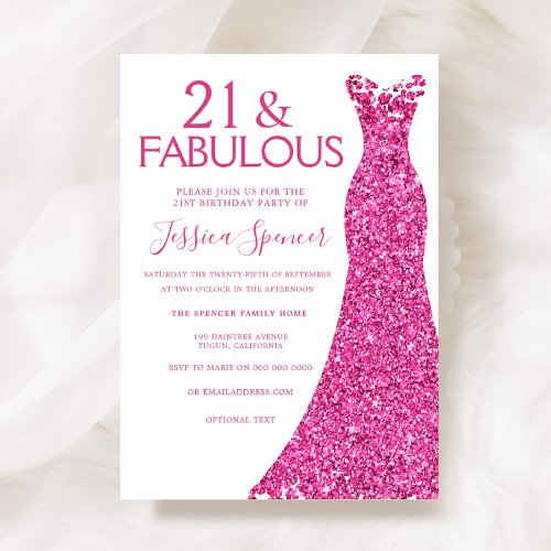Pretty Pink Glitter Dress 21st Birthday Party Invitation