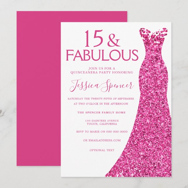Pretty Pink Glitter Dress Quinceanera Party Invitation (Front/Back)