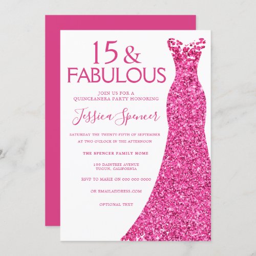 Pretty Pink Glitter Dress Quinceanera Party Invitation