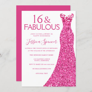 Pretty Pink Glitter Dress Sweet 16 Party Invitation