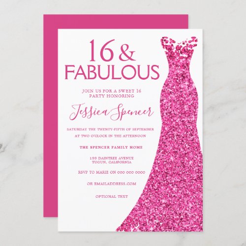 Pretty Pink Glitter Dress Sweet 16 Party Invitation