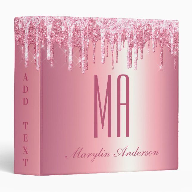 PRETTY PINK GLITTER DRIP CUSTOM NAME MONOGRAM 3 RING BINDER (Front/Spine)