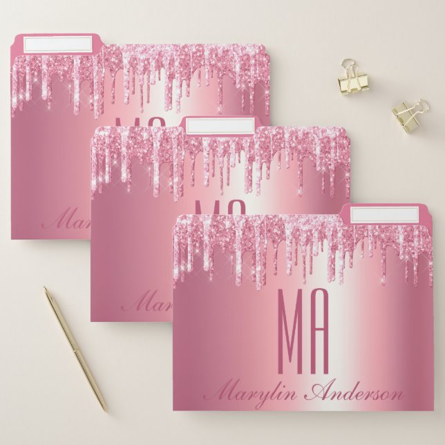 PRETTY PINK GLITTER DRIP CUSTOM NAME MONOGRAM FILE FOLDER (Set)