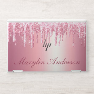 PRETTY PINK GLITTER DRIP CUSTOM NAME MONOGRAM HP LAPTOP SKIN
