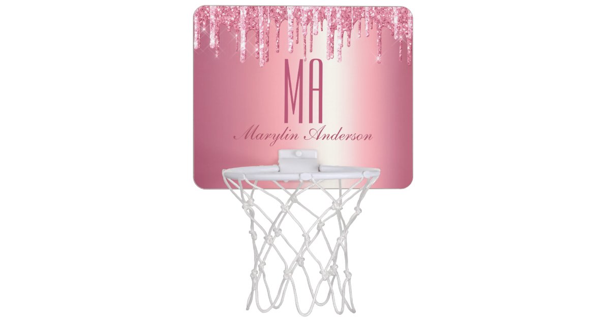 Pink Rose Gold Glitter & Sparkle Monogram Name Mini Basketball Hoop, Zazzle