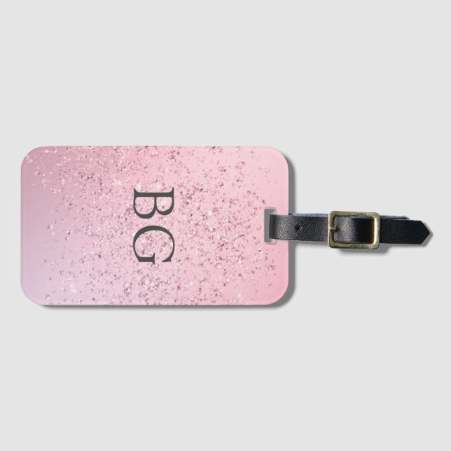  Pretty Pink Glitter Effect Monogram Initials  Luggage Tag (Front Horizontal)