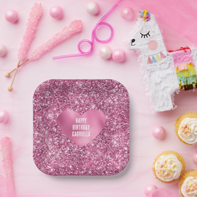 Pretty Pink Glitter Glam Heart Birthday Paper Plates (Party)