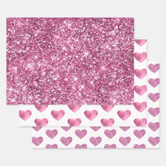 Pretty Pink Glitter Glam Heart Birthday Wrapping Paper Sheets (Set)