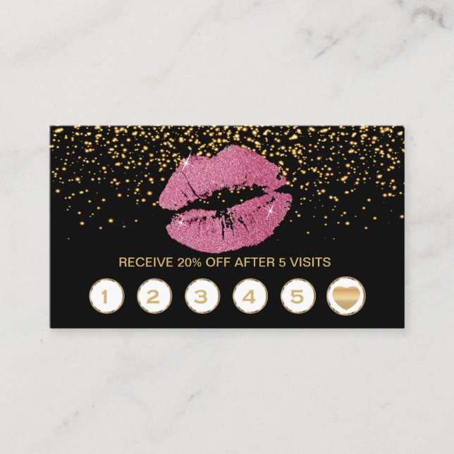 Pretty Pink Glitter Lips Loyalty Cards on Black (Front)