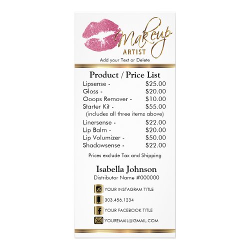 Pretty Pink Glitter Lips _ White _  Price List  Rack Card