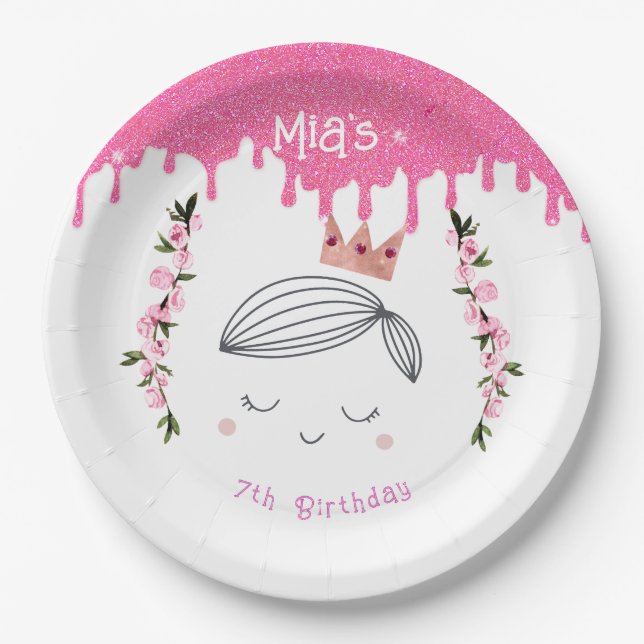Pretty Pink Glitter Princess Girls Birthday Paper Plates (Front)