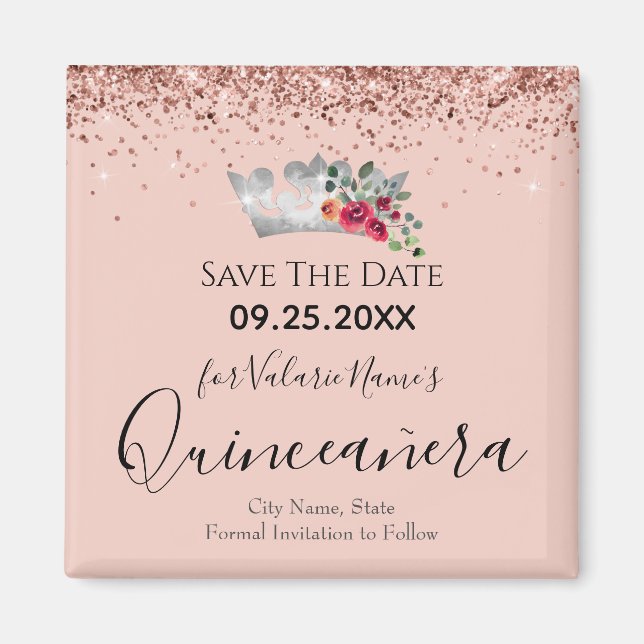 Pretty Pink Glitter Quinceanera Save the Date Magnet (Front)